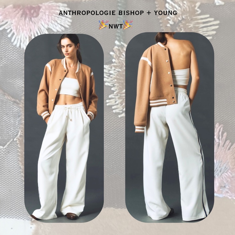🎉🎉Bishop + Young White Wide-Leg Track Pants Blue & Cream Side Stripes